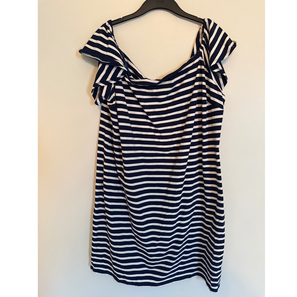 Lauren Ralph Lauren Striped Ruffle Sleeve Cotton Dress Navy White 3X